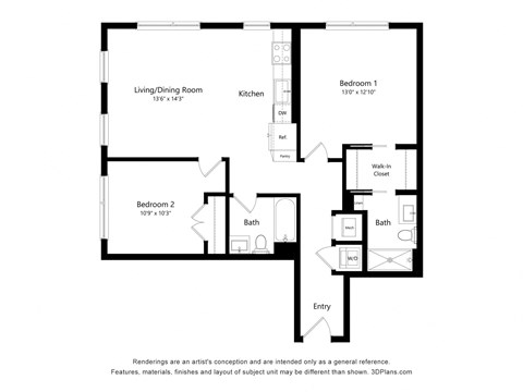 Floor plan for 2 beds, 2 baths, 995 sqft